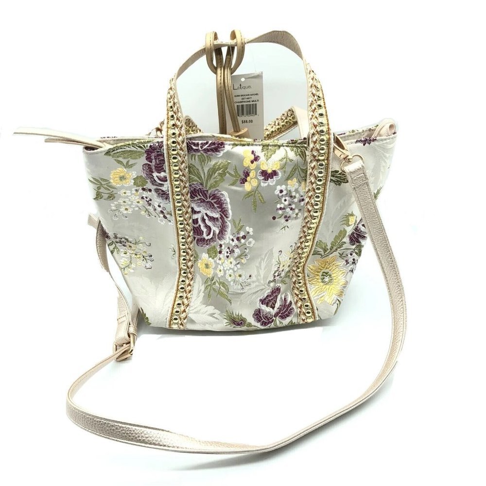 Latique Shoulder Bag Crossbody Satin Floral Beige Gold Purple Zip Closure